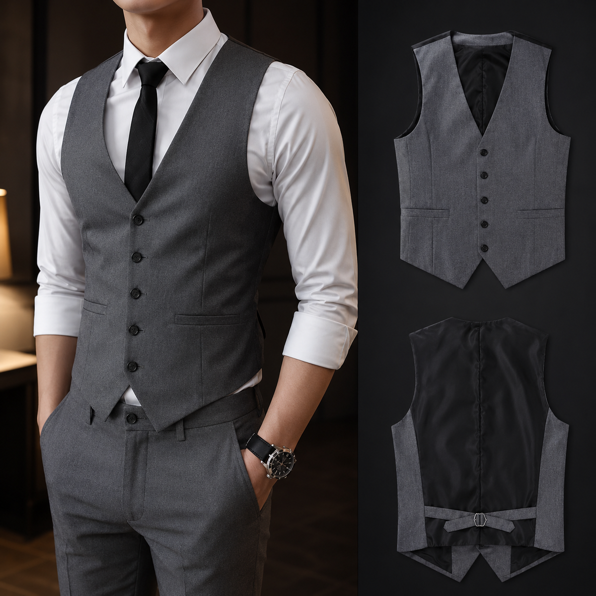 Colete Masculino Alfaiataria Cinza Ajuste Slim